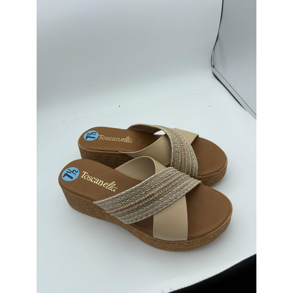 Toscanella Shoes Womens Size 7.5 Brown Beaded Wedge Slide Sandals Italy Comfort